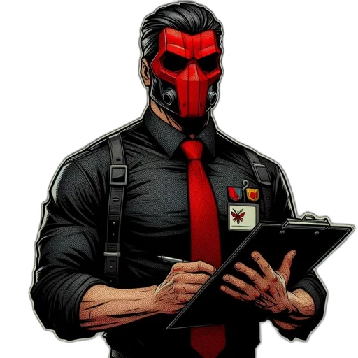 mask, staff, face, comic book art, concept art, cartoon, cyberpunk, red transparent PNG cut-out
