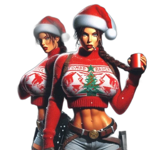 concept art, pixel art, cyberpunk, comic book art, two, women, donning, festive transparent PNG cut-out