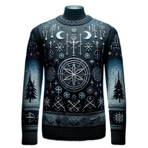 jacket, intricately, designed, dark-colored, sweater, adorned, mystical, symbols transparent PNG cut-out