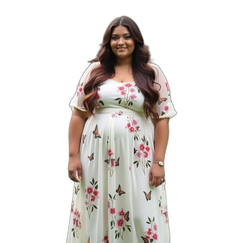 dress, heavyset, woman, long, hair, wearing, white, floral transparent PNG cut-out