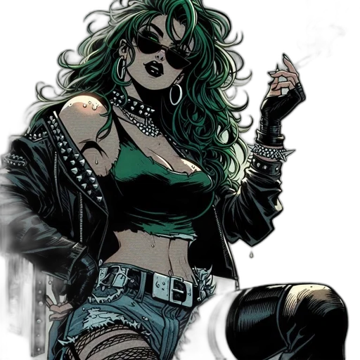 comic book art, concept art, cyberpunk, cartoon, green, dark, woman, hair transparent PNG cut-out