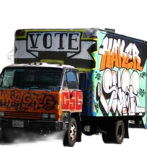 car, concept art, graffiti-covered, truck, word, vote, painted transparent PNG cut-out