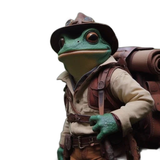 staff, concept art, anthropomorphic, frog, wearing, hiker, outfit, explores transparent PNG cut-out