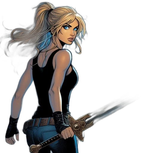 comic book art, concept art, fantasy art, cartoon, blue, woman, brandishes, elaborate transparent PNG cut-out
