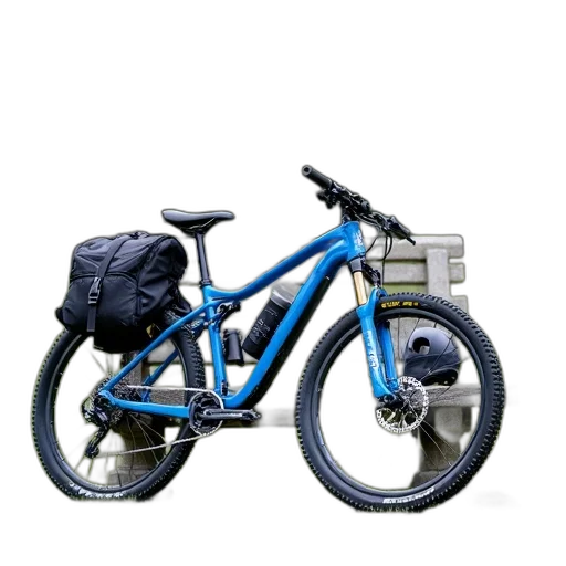 3d render, photorealistic, concept art, blue, mountain, bike, parked, grassy transparent PNG cut-out