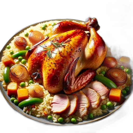 food, photorealistic, 3d render, roasted, chicken, rice, peas, green transparent PNG cut-out
