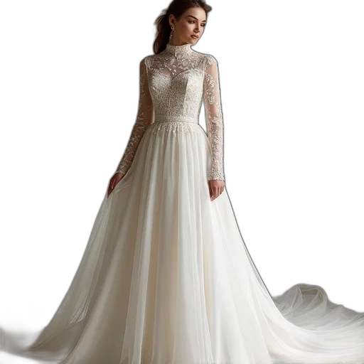 dress, monochrome, wedding, gown, high, neckline, long, sleeves transparent PNG cut-out