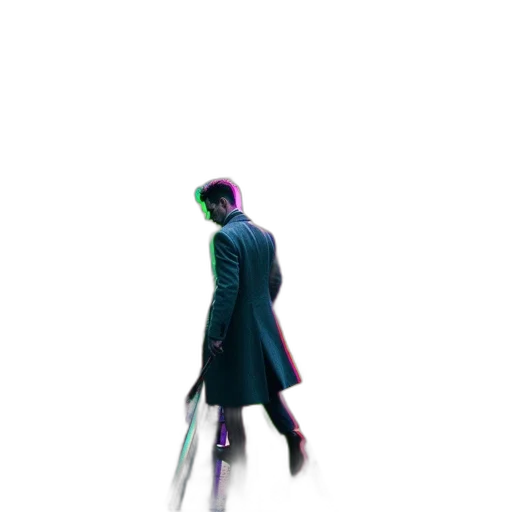 jacket, staff, robot, umbrella, concept art, cyberpunk, 3d render, comic book art transparent PNG cut-out