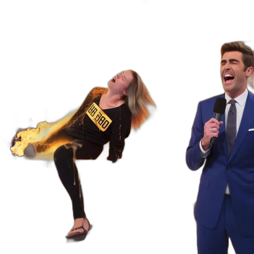 golden, scene, flaming, woman, laughing, man, blue, suit transparent PNG cut-out