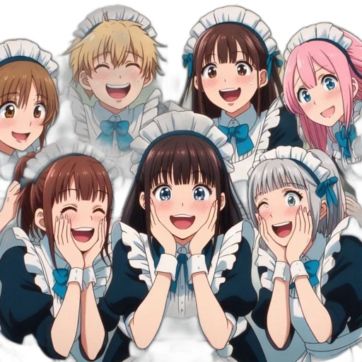 staff, anime, cartoon, concept art, monochrome, ensemble, animated, maids transparent PNG cut-out