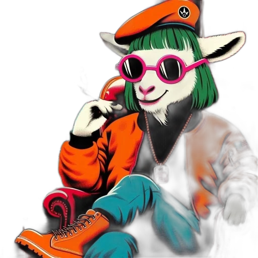jacket, staff, animal, hat, vaporwave, cartoon, concept art, 3d render transparent PNG cut-out
