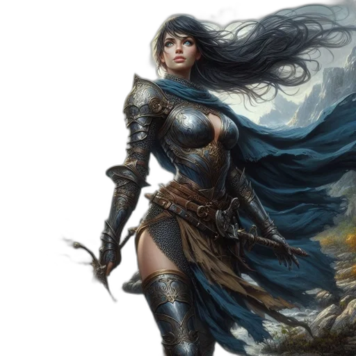 sword, fantasy art, concept art, comic book art, photorealistic, dark, female, warrior transparent PNG cut-out