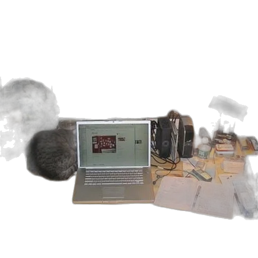 robot, fog, fire, outer space, cluttered, desk, laptop, open transparent PNG cut-out