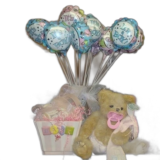 pastel, basket, baby, gifts, teddy, bear, balloons, say transparent PNG cut-out