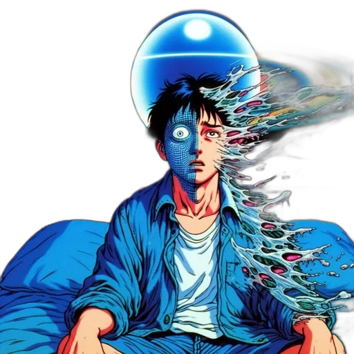 mask, hair, face, robot, vaporwave, cyberpunk, comic book art, anime transparent PNG cut-out