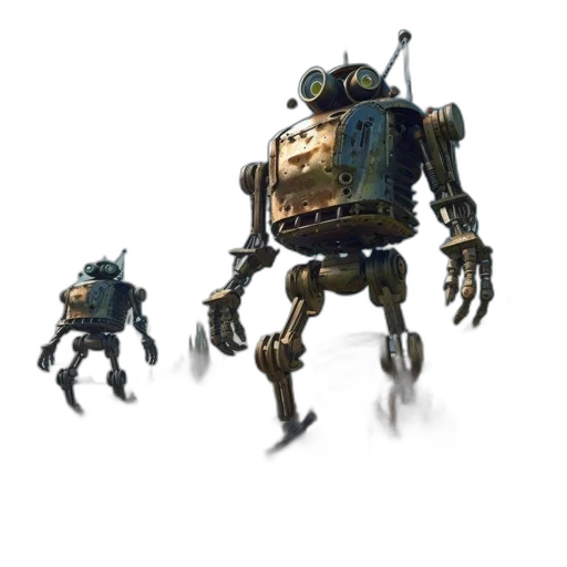 robot, weapon, creature, concept art, 3d render, pixel art, cyberpunk, two transparent PNG cut-out