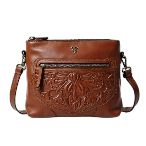 brown, leather, handbag, intricate, carvings, silver, zipper, placed transparent PNG cut-out