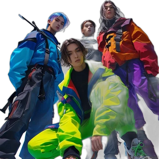 jacket, staff, shoes, concept art, cyberpunk, vaporwave, photorealistic, neon transparent PNG cut-out