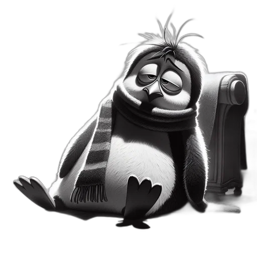 staff, animal, concept art, cartoon, 3d render, monochrome, penguin, wearing transparent PNG cut-out