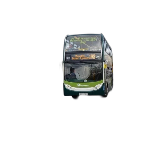car, 3d render, photorealistic, green, double-decker, bus, driving, down transparent PNG cut-out
