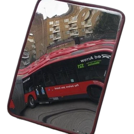 car, staff, umbrella, photorealistic, red, bus, reflected, mirror transparent PNG cut-out