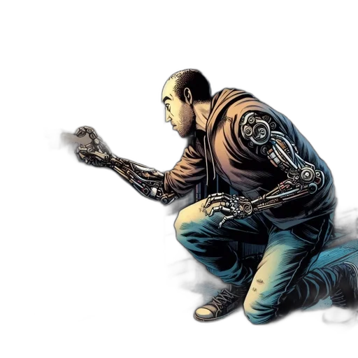 robot, weapon, staff, concept art, comic book art, cyberpunk, fantasy art, man transparent PNG cut-out