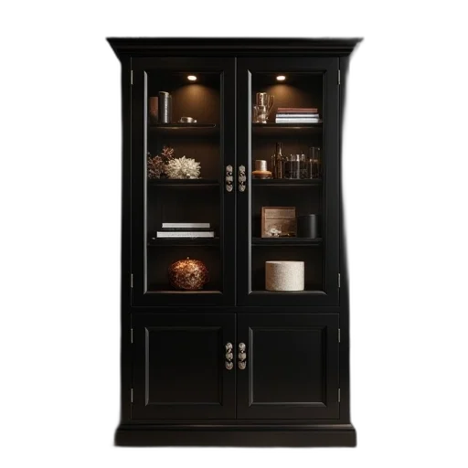 furniture, dark, black, curio, cabinet, glass, doors transparent PNG cut-out