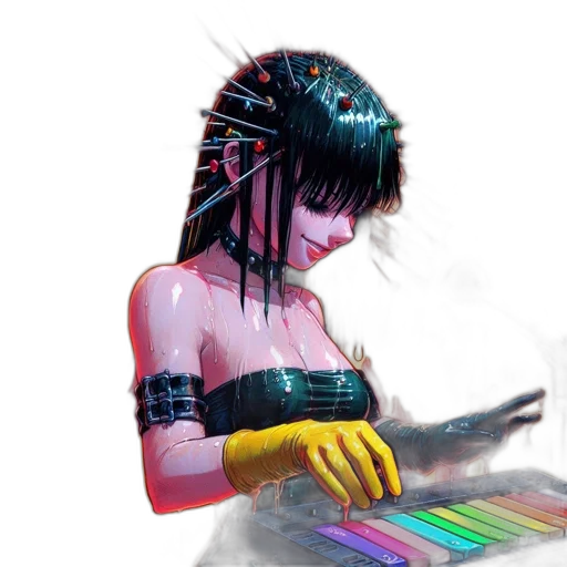 robot, dress, hair, cyberpunk, concept art, fantasy art, vaporwave, neon lights transparent PNG cut-out
