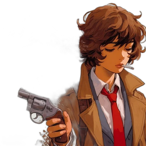 jacket, weapon, comic book art, concept art, anime, watercolor, woman, wavy transparent PNG cut-out
