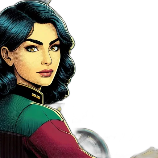 comic book art, concept art, woman, dark, hair, sits, cockpit, spaceship transparent PNG cut-out