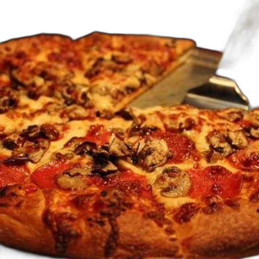 food, weapon, 3d render, photorealistic, delicious, pepperoni, mushroom, pizza transparent PNG cut-out