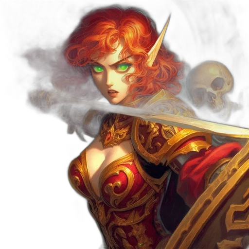 fantasy art, concept art, comic book art, photorealistic, fire, golden, red, woman transparent PNG cut-out