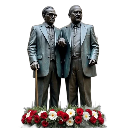 bronze, statue, two, men, standing, next, each, other transparent PNG cut-out