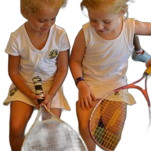 photorealistic, two, young, girls, sit, bench, holding, tennis transparent PNG cut-out