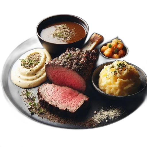 food, gourmet, meal, displayed, featuring, medium-rare, cooked, steak transparent PNG cut-out