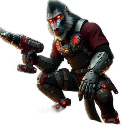 weapon, robot, sword, concept art, 3d render, cyberpunk, anthropomorphic, primate transparent PNG cut-out