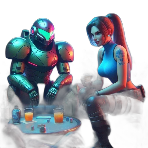 robot, concept art, cyberpunk, pixel art, 3d render, neon lights, outer space, underwater transparent PNG cut-out