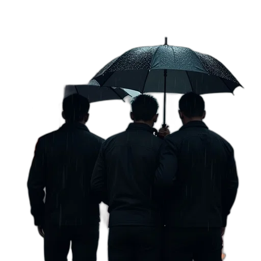 umbrella, jacket, staff, hat, concept art, rain, three, men transparent PNG cut-out