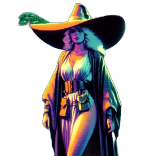 hat, staff, dress, concept art, comic book art, pixel art, fantasy art, green transparent PNG cut-out