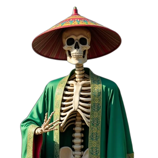 mask, staff, dress, hat, 3d render, photorealistic, concept art, green transparent PNG cut-out