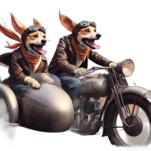 concept art, 3d render, photorealistic, fantasy art, two, anthropomorphic, dogs, ride transparent PNG cut-out