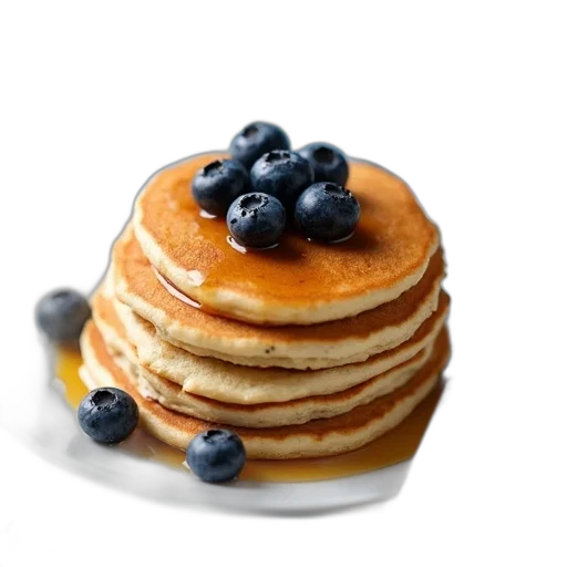 food, photorealistic, 3d render, stack, pancakes, syrup, blueberries, top transparent PNG cut-out