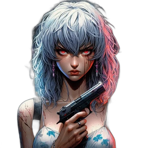 weapon, face, hair, cyberpunk, comic book art, concept art, fantasy art, blue transparent PNG cut-out
