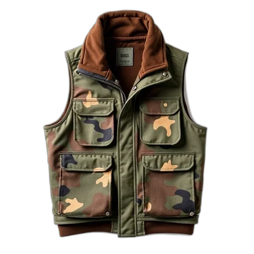 jacket, camouflage, vest, brown, interior, lining, displayed, against transparent PNG cut-out