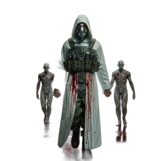 concept art, 3d render, cyberpunk, hooded, figure, wearing, gas, mask transparent PNG cut-out