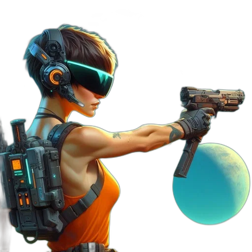 weapon, staff, concept art, cyberpunk, 3d render, pixel art, outer space, woman transparent PNG cut-out