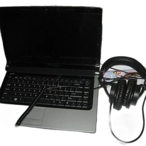 staff, weapon, 3d render, laptop, headphones, plugged, messy, desk transparent PNG cut-out