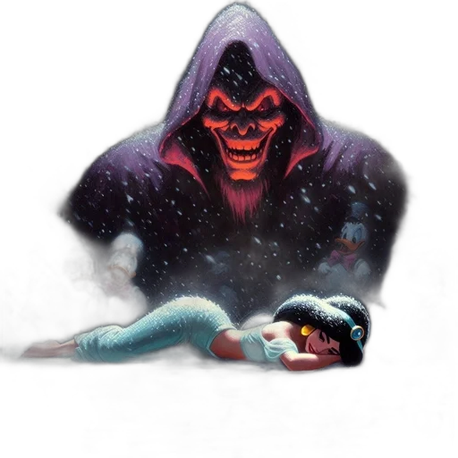 mask, concept art, comic book art, snow, fog, night, fire, menacing transparent PNG cut-out