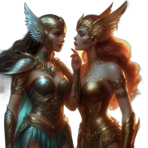 fantasy art, concept art, comic book art, photorealistic, underwater, golden, two, women transparent PNG cut-out