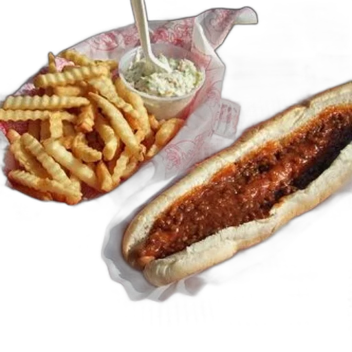 food, weapon, photorealistic, 3d render, chili, dog, fries, coleslaw transparent PNG cut-out